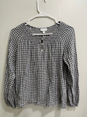 J. Jill Black & White Plaid Smocked-Neck Blouse